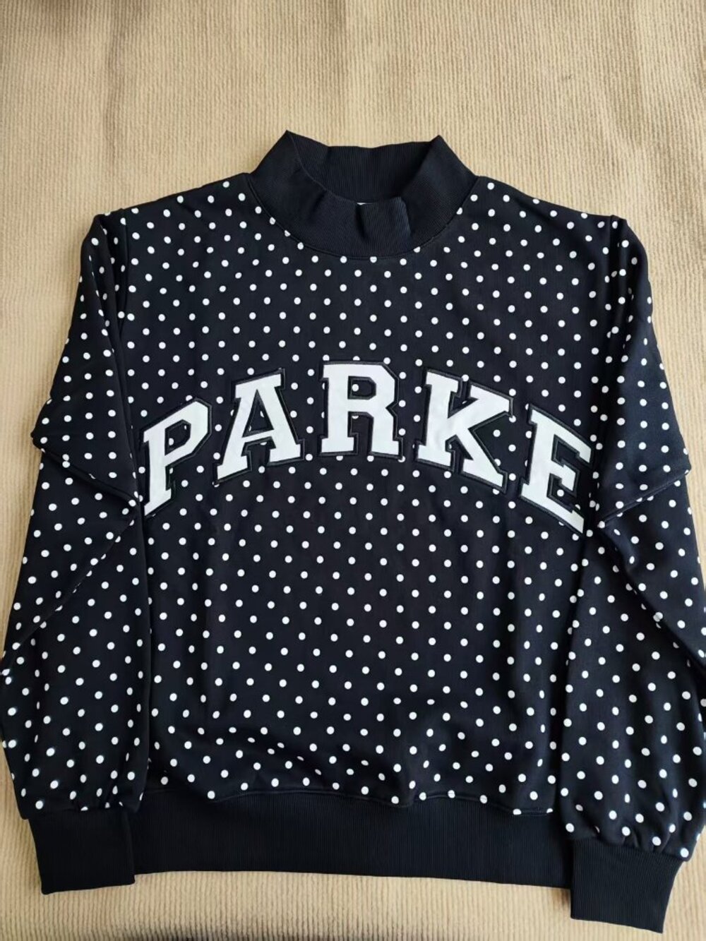 PARKE Varsity Black White Polka Dot Mock Neck Sweatshirt